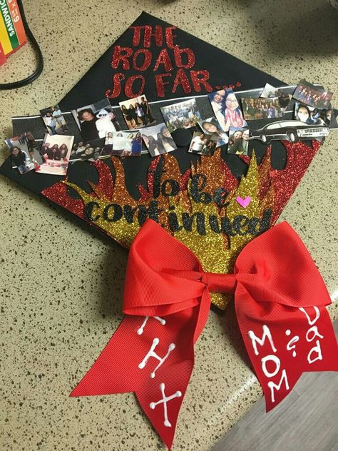 Supernatural Graduation cap The Vampire Diaries Graduation Cap, Fire Graduation Cap, Graduation Cap Designs Supernatural, Supernatural Graduation Cap Ideas, Tvd Graduation Cap Ideas, Scary Movie Graduation Cap, Supernatural Graduation Cap, Graduation Cap Designs Horror, Graduation Cap Designs Tv Shows