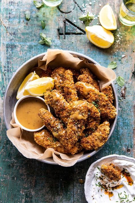 Baked Black Pepper Ranch Chicken Fingers with Honey Mustard | halfbakedharvest.com #chicken #easyrecipes #dinner #chickenfingers Spicy Ranch Chicken, Chicken Fingers Baked, Spicy Ranch, Half Baked Harvest Recipes, Homemade Tahini, Plats Healthy, Honey Mustard Vinaigrette, Honey Mustard Sauce, Harvest Recipes