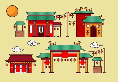 China town decoration building flat vector Chinatown Drawing, China Town Art, Chinese Icon, Town Drawing, Chinese Buildings, Grafic Art, China Architecture, Chinese Pattern, Chinese Festival