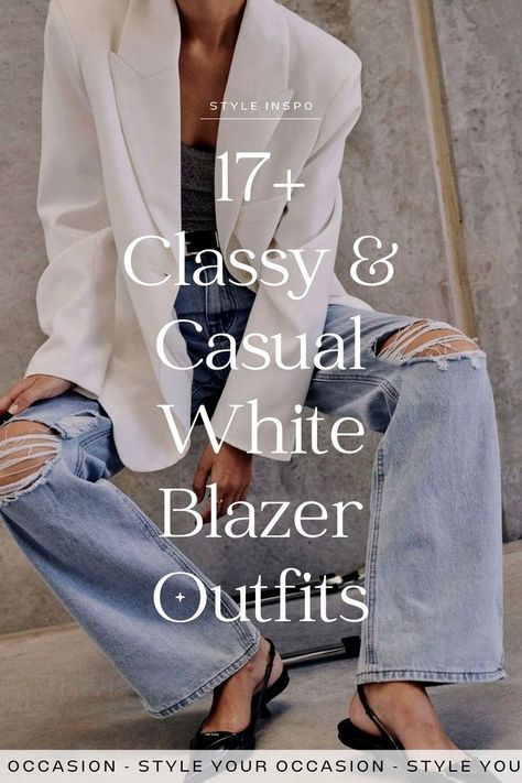 Wondering how to style a white blazer for the perfect chic spring 2024 outfits? We’re sharing 17+ classy and casual white blazer outfits for women for spring and summer. This wardrobe basic is spring capsule wardrobe staple, and we’re sharing the best white blazer outfit ideas for work, casual, dressy, and every day. Spring fits, spring summer fashion White Blazer Outfits For Women, White Blazer Outfit Dressy, Ivory Blazer Outfit, White Blazer Outfit Casual, White Blazer Outfit Work, Chic Outfits Casual, How To Wear A White Blazer, Cream Blazer Outfit, Summer Blazer Outfits