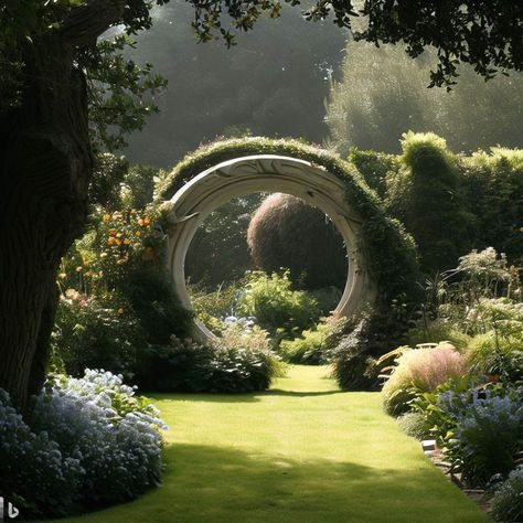 English garden with a moon gate - Image Creator Diy Moon Gate Garden, Moon Door Garden, Moon Gates, Moon Gate With Door, Moon Garden Gate, Gate Images, Moon Gate, English Garden, Bing Images