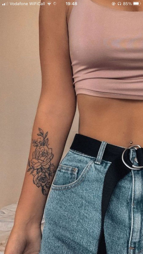 Small Arm Flower Tattoo, Upper Arm Small Tattoos For Women, Women Tattoos Forearm, Child Tattoo Ideas For Women, Pretty Arm Tattoos, Underarm Tattoo, Lower Arm Tattoos, Maching Tattoos, Half Sleeve Tattoos Forearm