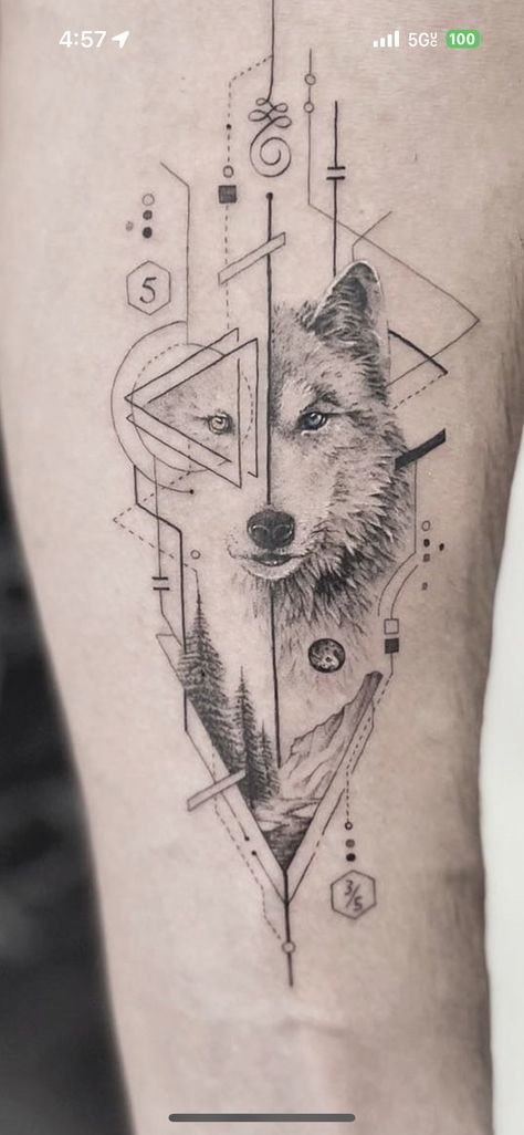 Geometric Dog Tattoo, Wolf Tattoos For Women, Geometric Wolf Tattoo, Luna Tattoo, Abstract Wolf, Wolf Tattoo Sleeve, Geometric Wolf, Bear Tattoos, Wolf Tattoo Design