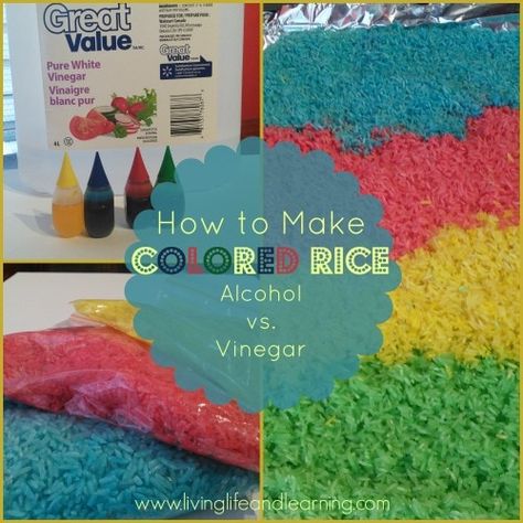 How to Make Colored Rice - Alcohol or Vinegar? Which one is better? I try 3 different ways to dye rice, see which one worked the best #sensoryplay #coloredrice #preschool Dye Rice, Childminding Ideas, Sensory Materials, Easy Indoor Activities, Teacher Tricks, Color Rice, Craft Recipes, Creative Development, Sensory Ideas