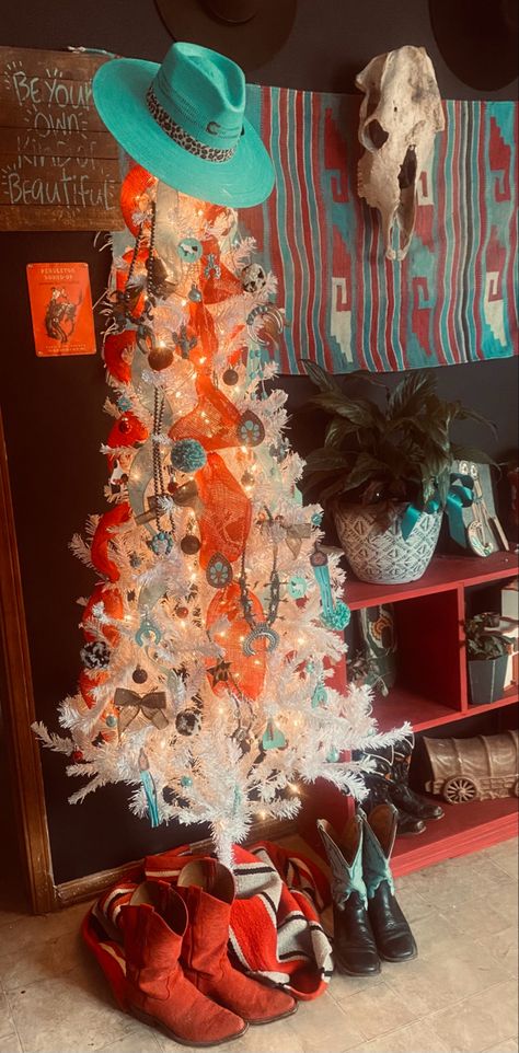 Western Cactus Christmas Tree, Turquoise Western Christmas Tree, Small Western Christmas Tree, Cactus Tree Christmas, Modern Western Christmas Decor, Cowgirl Christmas Aesthetic, Christmas Western Decor, Western Christmas Room Decor, Southwestern Christmas Tree