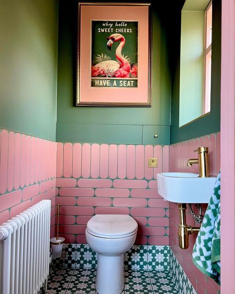 Jules | The big reveal of the smallest room. Here it is in its pretty pink and glorious green colour combination. I couldn’t be happier with the… | Instagram Pink Bathroom Inspo Aesthetic, Colourful Bathroom Tiles, Pink Green Bathroom, Colourful Toilet, Pink And Green Bathroom, Green Grout, Green And Pink Bathroom, Cloakroom Ideas, Colourful Bathroom