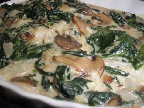 Creamed Spinach & Mushrooms | Cooking Light Spinach Side, Cook Fresh Spinach, Spinach Side Dish, Spinach And Mushrooms, Cooking Light Magazine, Crimini Mushrooms, Diy Easy Recipes, White Wine Sauce, Fresh Spinach