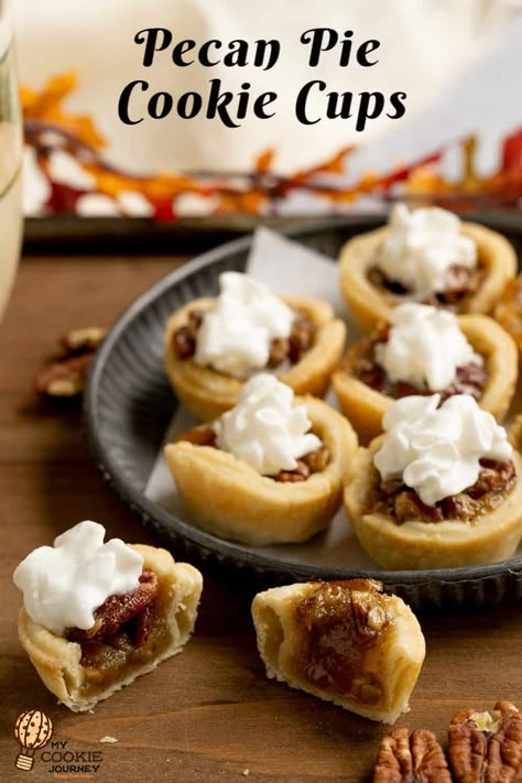 Pecan Cookie Cups, Pecan Pie Cookie, Pecan Pie Cookies, Italian Almond Cookies, Fall Cookie Recipes, Mini Cupcake Pan, Whipped Shortbread Cookies, Mocha Cookies, Butter Pecan Cookies