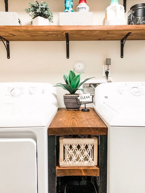 Our apartment's washer and dryer have had so much space in between each other and I've always felt like there was wasted space. I looked up some narrow tables to place in between them, but everything I found weren't the right measurements. I took it upon myself (and voluntold my boyfriend to assist) to create a table for the room from scratch. Here's how it turned out! Take your measurements    I used the space in between the washer and dryer to hold my cat's litter stuff. It has alway… Storage In Between Washer And Dryer, Laundry Storage Between Washer And Dryer, Between Washer Dryer Storage, Storage Ideas Between Washer And Dryer, Over Washer Storage, Diy Between Washer And Dryer Storage, Over Washer Dryer Storage, Folding Table Over Dryer, Between Washer And Dryer Storage Diy