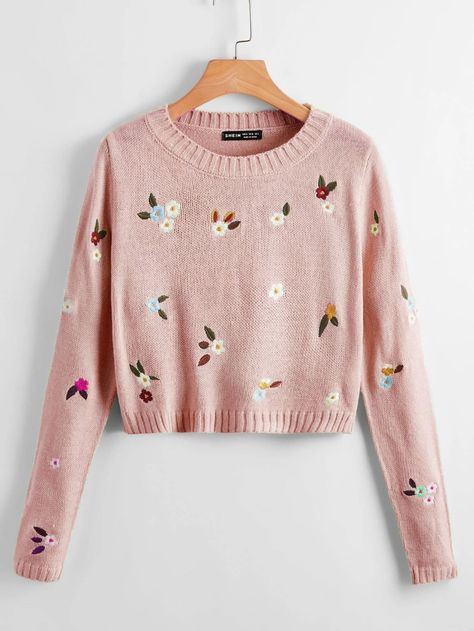 Floral Embroidered Crop Jumper | SHEIN UK Crop Jumper, Classic Style Outfits, Floral Pullover, Women Sweaters, Drop Shoulder Sweaters, Crop Sweater, Spring Women, Pattern Sweater, Knit Fashion