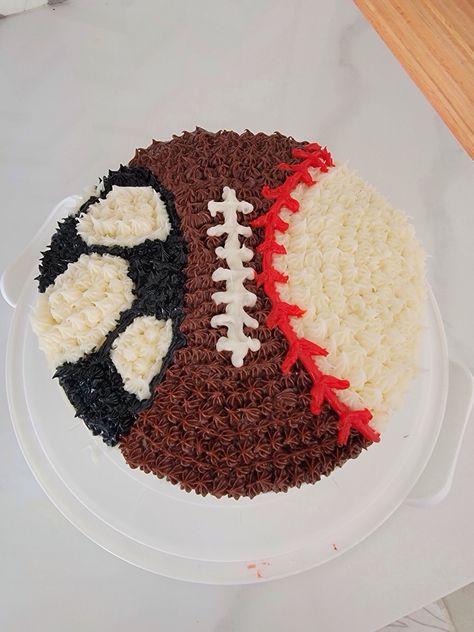 Football, baseball, soccer cake Sports Birthday Cake, Sports Birthday Cakes, Baseball Cake, Soccer Cake, Football Cake, Sports Birthday, Soccer Football, Birthday Cake, Soccer