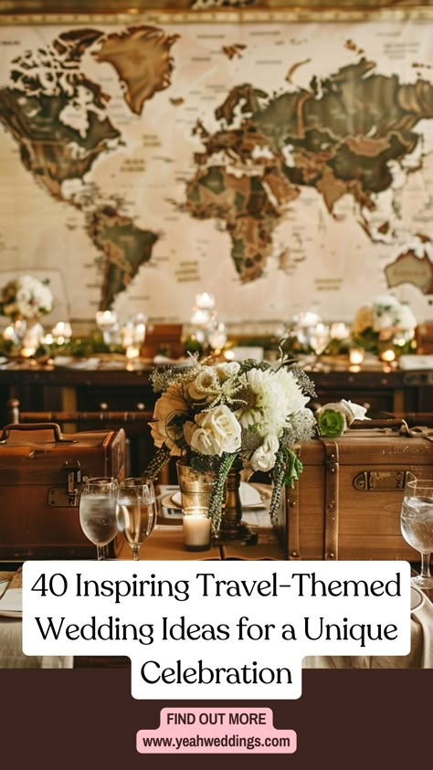 A beautifully decorated travel-themed wedding reception with a world map backdrop, vintage suitcases, and travel-inspired table settings. Travel Inspired Wedding Decoration, Wedding Adventure Theme, Travel Themed Decor, Travel Theme Wedding Centerpieces, Travel Themed Wedding Ideas, Vintage Travel Wedding Theme, Adventure Wedding Theme, Travel Wedding Theme Decoration, Travel Wedding Theme