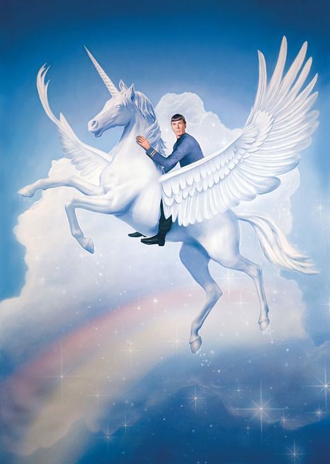 Spock Riding a Majestic Unicorn Over a Rainbow by Tim O’Brien  --  My life is now complete. Mr Spock, Majestic Unicorn, Flying Unicorn, Last Unicorn, Star Trek Tos, Geek Art, Spock, A Unicorn, Larry Stylinson