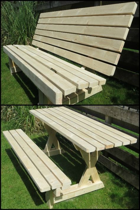 Build a 2-in-1 picnic table/bench perfect for small outdoor spaces! Do you need this for your yard? Bench To Picnic Table Diy, Picnic Table Bench Combo, Bench That Turns Into Picnic Table, Bench Converts To Picnic Table, Pallet Furniture Table, Easy Woodworking Projects Diy, Diy Picnic Table, Deck Bar, Dazzle Camouflage