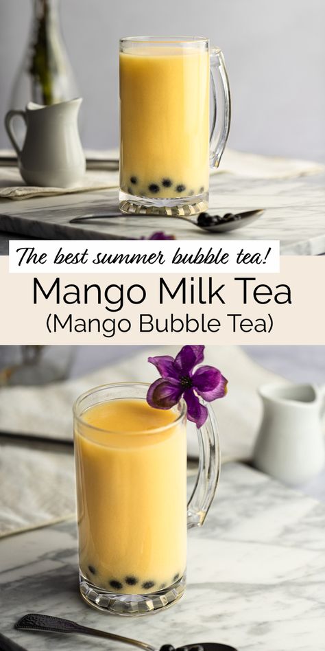 This fruity mango milk tea recipe is the perfect bubble tea drink for summer. Easy to make, just as good as a bubble tea store version, and so much cheaper than buying it from the store! Mango Milk Tea Recipe, Mango Milk Tea, Milk Tea Recipe, Boba Tea Recipe, Boba Recipe, Bubble Tea Flavors, Bubble Tea Recipe, Mango Drinks, Milk Tea Recipes