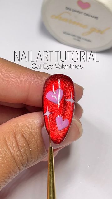 Jen Flores ♡ on Instagram: "Tutorial Time!! 🎥💅🏽 Cat eye valentines nails✨💕✨ Make sure to SAVE & SHARE this tutorial! & please tag me if you recreate 🥹😘 All products listed are from @daily_charme (code: JEN10) #nailitdaily #nailpro #tutorial #nailsofinstagram #diynails #cateyenails #dailycharme #nailarttutorial #vdaynails #valentinesnails #nailtrends #cartoonnails #rednails #almondnails #glitternails #velvetnails #colorchangingnails #viralnails #cateyegelpolish #easynails #gelextensions #pr Cats Eye Valentine Nails, Valentines Cat Eye Nails, Cat Eye Valentines Day Nails, Eye Valentines, Vday Nails, Color Changing Nails, Velvet Nails, Nails Yellow, Cat Eye Gel Polish