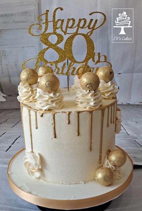 #80thbirthday #dripcake #golddrip #overloadcake White And Gold 70th Birthday Cake, Gold Cake Drip, Gold Drip Recipe For Cake, Cake 70th Birthday, White And Gold Drip Cake Birthday, Gold Cake Drip Tutorial, Gold Drip Cake, Birthday Drip Cake, Cakes Decorating