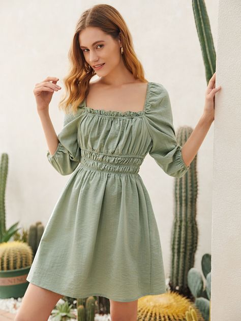 Ruched Bust Dress, Bust Dress, Cotton Short Dresses, Light Green Dress, Ditsy Floral Dress, Mint Dress, Dress Shirt Sleeves, Stylish Dresses For Girls, Grad Dresses