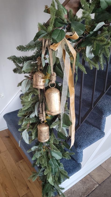 Newell Post Christmas Decor, Christmas Garland For Staircase, Christmas Ribbon On Staircase, Wreaths On Stair Railing, Holiday Staircase Decor Banisters, Decorating With Christmas Bells, Simple Xmas Decor, Decorating Banisters For Christmas, Holiday Staircase Decor