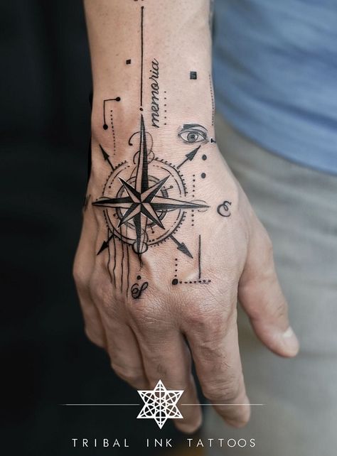 Eye of compass Upper Hand Tattoo Men, Man Hand Tattoo Ideas, Geometric Hand Tattoo Design, Back Hand Tattoo Men, Men’s Hand Tattoo Ideas, Tattoo For Hand, Tatoos Men Hand Ideas, Compass Hand Tattoo, Hand Tattoos Compass For Guys