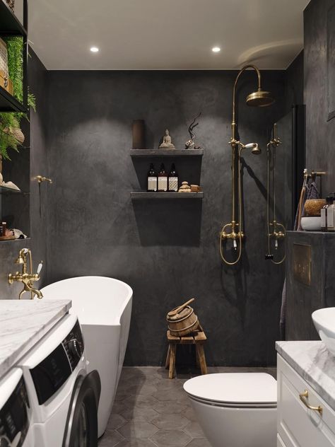 Moody, not Gloomy! Beautiful Dark Small Bathrooms 20 Concrete Bathroom Ideas, Polished Concrete Bathroom, Dark Oak Cabinets, White Marble Sink, Dark Grey Tile, Dark Gray Bathroom, Light Grey Kitchens, Coco Lapine Design, Dark Tile