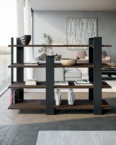 Kyoto: freestanding double-sided bookcase - Dallagnese Lounge Entrance, Built In Shelves Living Room, Metal Bookcase, Built In Shelves, Wooden Shelves, Making Room, Types Of Wood, Cool Furniture, Modern Living Room