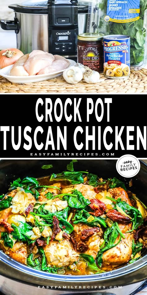 This Crockpot Tuscan Chicken is the absolute best slow cooke recipe for a busy night. This crock pot recipe only has a few ingredients and is packed with flavor! Tender chicken breast, garlic, sun dried tomatoes, and artichokes cook together for the most delicious and healthy crockpot dinner! Serve the slow cooker Tuscan Chicken with pasta, vegetables, or mashed potatoes for a filling and delicious easy weeknight dinner idea! Crockpot Tuscan Chicken, Slow Cooker Tuscan Chicken, Crock Pot Tuscan Chicken, Tuscan Chicken Recipe, Chicken With Pasta, Crockpot Dinners Healthy, Chicken Breast Crockpot, Chicken Breast Crockpot Recipes, Tuscan Chicken Pasta