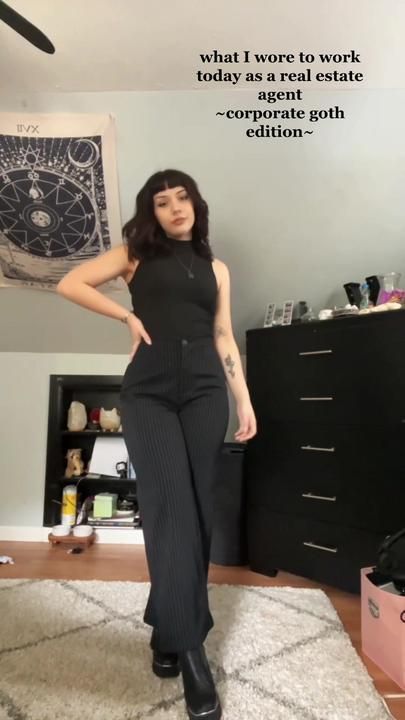 Thrifted Corporate Outfits, Workplace Goth Outfits, Alternative Job Interview Outfit, Proffesional Goth Outfits, Business Comfortable Outfits, Work Appropriate Alt Outfits, Goth Business Professional, Corprate Goth Outfit, Professional Gothic Outfits