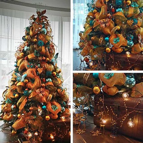 Brown Christmas Background, Orange Christmas Decor, Copper Christmas Tree, Teal Christmas Tree, Orange Christmas Tree, Christmas Tree Colour Scheme, Blue Christmas Tree Decorations, Copper And Blue, Teal Christmas