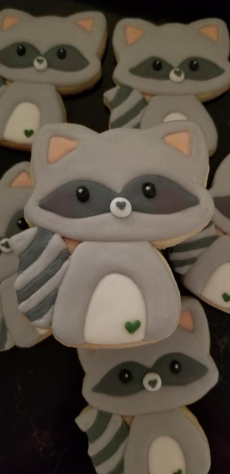 Raccoon Cookies, Animal Sugar Cookies, Baby Raccoon, Woodland Animal, Woodland Baby, Cookie Ideas, Cookie Desserts, Tasty Treats, Anniversary Party