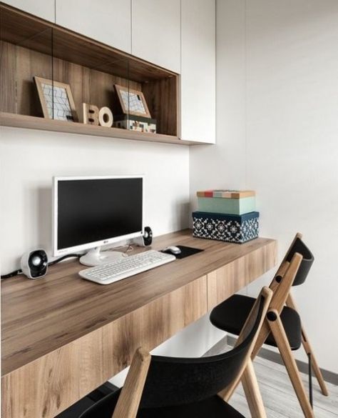 a contemporary home office with a closed storage unit, a floating desk with drawers and a couple of chairs Floating Desk Office, Floating Desk With Drawers, Floating Desk Ideas, Double Office, Floating Desks, Office Desk With Shelves, Recording Studio Desk, Creative Home Office, Desks And Chairs