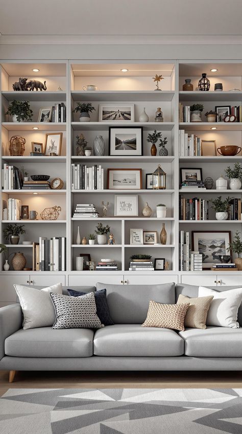 Grey Couch Living Room Grey Bookcase Living Room, Built In Behind Couch, Couch In Front Of Bookshelves, Low Bookshelves Living Room, Low Bookcases In Living Room, Living Room Inspiration Grey Couch, Shelving Inspiration, Grey Couch Living Room Ideas, Bookshelves Living Room