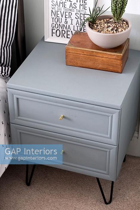 Grey painted bedside table with drawers Bedside Table With Drawers, Grey Side Table, Bedside Table Grey, Gray Nightstand, Table With Drawers, Painted Table, Blue Bedding, Interior Photography, Diy Table