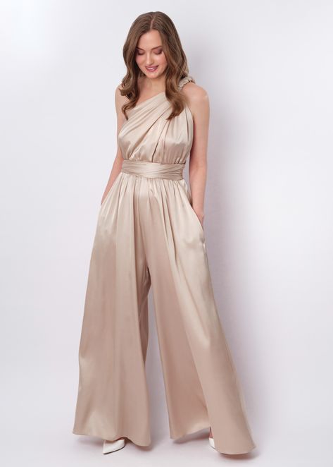 Bridesmaids Jumpsuits And Dresses, Jumpsuit Wedding Bridesmaids, Bridesmaids Jumpsuits Wedding, Champagne Jumpsuit Outfit, Bridesmaid Jumper, Champagne Pantsuit, Silk Jumpsuit Wedding, Jumpsuit Bridesmaid Dresses, Jumpsuit Bridesmaid