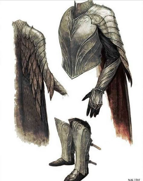 Concept art for Thranduil's pauldrons and gauntlets from "The Hobbit: Battle of the Five Armies" (2014). As is typical of the elven aesthetic established for the trilogy, the armor reflects sinuous leaf-like lines. Lotr Elven Armor, Lotr Armor Concept Art, Armor With Wings, Elven Armor Concept Art, Thranduil Armor, Armor Angel, Winged Armor, Fantasy Armor Art, Lotr Armor