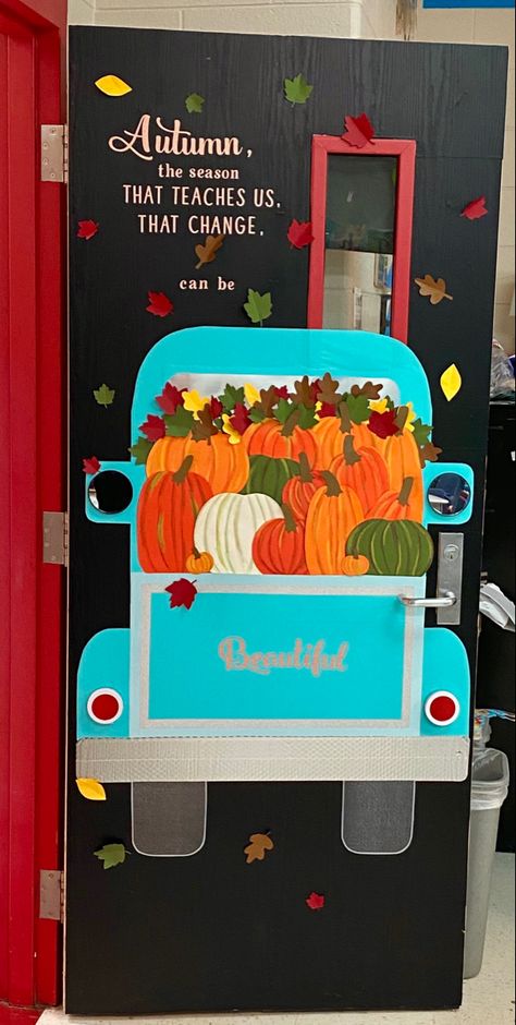 Classroom Door For Fall, September Office Decor, Fall Decor For Office Cubicle, Cheap Easy Fall Decorations Diy, Fall Classroom Door Ideas September, Preschool Fall Decorations, Thanks Giving Door Decoration, Fall Decor For School Hallways, Autumn Door Decorations Classroom