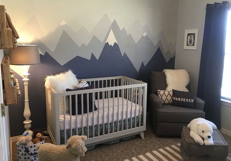 When we found out we were having another baby boy I immediately knew I wanted a mountain wall! That is where my adventure nursery inspiration began. Boy Room Decor, Nursery Trends, Mountain Nursery, Baby Boy Bedroom, Baby Nursery Themes, Adventure Nursery, Baby Boy Room Decor, Baby Boy Room Nursery, Nursery Room Boy