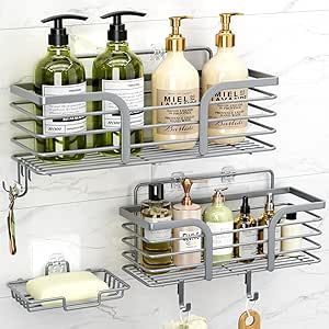 Shower Caddy 3 Pack, Adhesive Shower Shelf Organizer Rack, Rustproof Stainless Steel Bathroom Organizers and Storage, Large Capacity Wall Mounted No Drilling Bathroom Accessories Bathroom Shower Organization, Shower Organizer, Corner Shower Caddy, Shower Rack, Shower Shelf, Shower Storage, Shower Organization, Bathroom Tray, Bottom Design