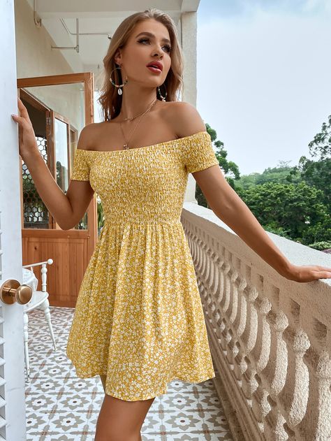 Ditsy Floral Off Shoulder Shirred Dress | SHEIN USA Clothing Reference, Yellow Dresses, Yellow Fits, Virtual Wardrobe, Sweet Summertime, Shirred Dress, Bodycon Dress Parties, School Fits, Women Cargos