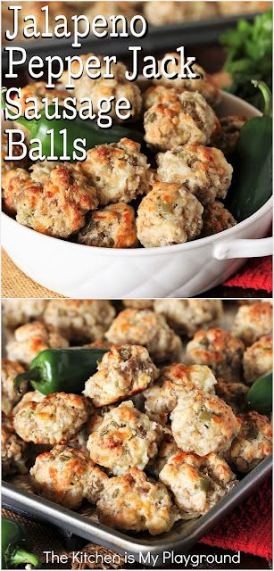 Jalapeno Pepper Jack Sausage Balls ~ Spice up those classic sausage balls with Pepper Jack and pickled jalapeno! Jalapeno Pepper Jack Sausage Balls bring the heat to everyone's favorite little party nibble. They're perfect for game day, snacking, or any party. www.thekitchenismyplayground.com Healthy Snacks For Work Party, Gluten Free Recipes For Party Appetizers, Halloween Sausage Balls, Easy Appetizers To Take To A Party, Pick Ups Food Parties Appetizers, Sausage Balls Recipe, Jalapeno Pepper, Sausage Balls, Appetizers Easy Finger Food