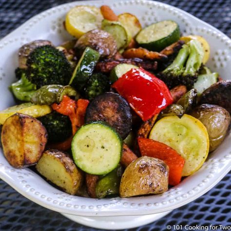 Nothing's better than roasted veggies unless they are grilled. Now you can do them on your grill while you cook your dinner. #GrilledVeggetables #GrilledMixedVegetables Best Greek Salad, Dinner For 2, Cook Dinner, Grilled Potatoes, Summer Veggies, Grilled Veggies, Sauteed Vegetables, Cooking For Two, On The Grill