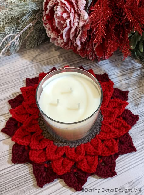 Crochet Christmas Candle Holder, Crochet Candle Coasters, Crochet Candle Holder Tea Lights Free Pattern, Crochet Poinsettia Doily Free Pattern, Crochet Candle Coaster Pattern, Crochet Candle Coaster, Crochet Tealight Holder Free Pattern, Crochet Xmas Wreath Free Pattern, Crochet Candle Holder Pattern Free