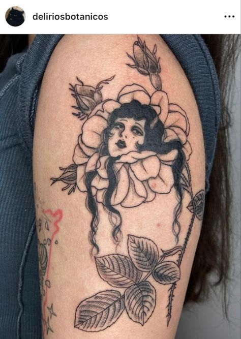 Goth Cottagecore Tattoo, Art Nouveau Woman Tattoo, Women’s Face Tattoo Drawing, Face In Flower Tattoo, Flower Women Tattoo, Midsize Tattoo, Art Nouveau Tattoo Woman, Trippy Flower Tattoo, Dark Flowers Tattoo