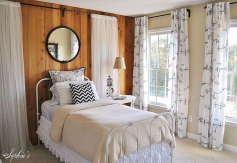 Love the  idea to soften the wood paneling with curtains.  Hometalk :: Girls Budget Bedroom Makeover Budget Bedroom Makeover, Girls Bedroom Makeover, Small Bedroom Remodel, Trendy Apartment, Budget Bedroom, Dining Room Makeover, Knotty Pine, Bedroom Remodel, Murphy Beds