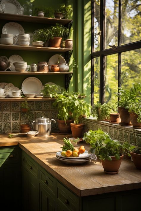 Bohemian Green Kitchen, Eclectic Cottagecore Decor, Boho Cabinet Colors, Eclectic Kitchen Green, Botanical Living Room Ideas, Boho Cottagecore Decor, Kitchen Design Eclectic, Plant Themed Kitchen, Bright Open Kitchen