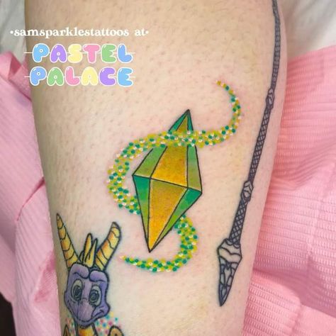 Cute Nerdy Tattoos, Sims Tattoo Ideas Real, Pixel Tattoo Ideas, Plumbob Tattoo, Sims Tattoos, Animal Crossing Tattoo, Sims Tattoo, Minecraft Tattoo, Nintendo Tattoo