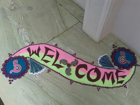 Welcome rangoli Welcome Rangoli, Poster Rangoli, Welcome Poster, Rangoli Design, Rangoli Designs, Welcome Home, Novelty Sign, Graphic Design, Interior Design