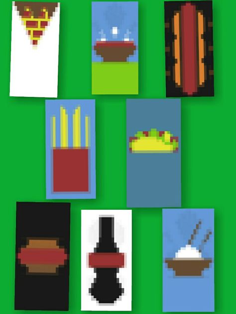 Minecraft banners Foods and Drinks Pizza Banner Minecraft, Ramen Banner Minecraft, Minecraft Menu Banner, Food Banner Minecraft, Minecraft Banner Letters, Banner Minecraft Tutorials, Mc Banner, Minecraft Banner Patterns, Minecraft Decor