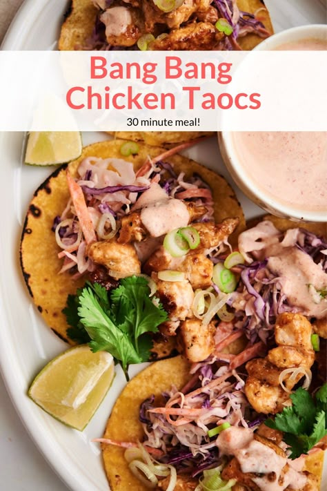 Chicken Taco With Slaw, Chicken Tacos With Cabbage Slaw, Bang Bang Chicken Tacos, Crunchy Chicken Tacos, Cabbage Tacos, Fried Chicken Taco, Healthy Chicken Tacos, Grilled Chicken Tacos, Bang Bang Chicken