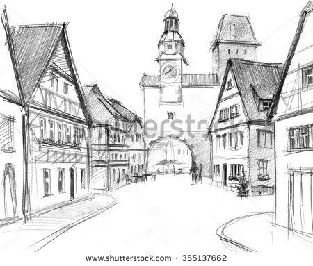 Old Town Illustration, Old Village Drawing, Medieval Town Drawing, Town Drawing Buildings, Small Village Drawing, Town Square Drawing, Town Drawing Easy, Town Drawing Simple, Small Town Drawing